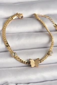 316L Çelik Gold Renk Yassı Zincir Zirkon Taşlı Simli Kelebek Figür Kadın Bileklik - TJ-BB6734 - 1