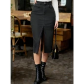 Lucky Life Kadın Yüksek Bel önden Yırtmaçlı Cepli Midi Kot Etek - 4