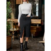 Lucky Life Kadın Yüksek Bel önden Yırtmaçlı Cepli Midi Kot Etek - 2