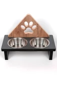 Ahşap Kedi Mama Kabı Pati Desenli Üçgen Köpek Mama Ve Su Kabı - 2
