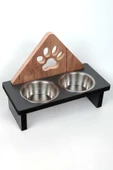 Ahşap Kedi Mama Kabı Pati Desenli Üçgen Köpek Mama Ve Su Kabı - 3