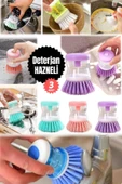 3 Adet Pratik Sabunluklu Bulaşık Fırçası - Ev ve Kamp Kullanımı İçin Sıvı Deterjan Hazneli Temizlik thumbnail 6