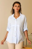 KATLAMALI KOL İŞLEMELİ MAVİ  KADIN BLUZ 55740-2Y5 thumbnail 2