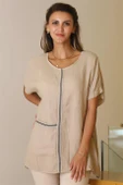 SIFIR YAKA CEPLİ SALAŞ BEJ KADIN BLUZ 13746-2Y5 - 2