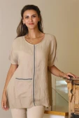 SIFIR YAKA CEPLİ SALAŞ BEJ  KADIN BLUZ 13746-2Y5 - 3