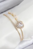 Pirinç Zirkon Taşlı Kalp Model Gold Renk Kadın Bileklik - TJ-BB7855 - 1