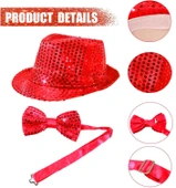 MDB Kırmızı Payetli Şapka ve Papyon Seti – Parıltılı Yetişkin Kostüm Seti thumbnail 3