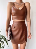 Cep detaylı oval kapaklı deri etek kahve h240048 thumbnail 5