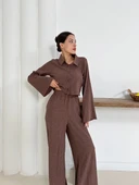 Gömlek yaka kaplama düğmeli takım kahve st265866 - 7