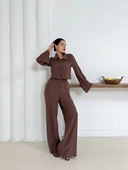 Gömlek yaka kaplama düğmeli takım kahve st265866 - 2