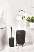 Metal Standlı Yuvarlak Kovalı & Kağıtlıklı & Fırçalıklı Siyah Banyo Takımı thumbnail 2