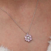 Gümüş Pembe Kalpli Çiçek Kadın Kolye thumbnail 3