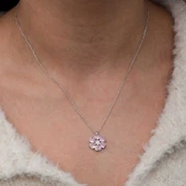 Gümüş Pembe Kalpli Çiçek Kadın Kolye thumbnail 5