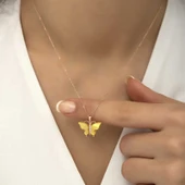 925 Ayar Gümüş Rose Sarı Kaplangözü Taşlı Kelebek Kolye thumbnail 5