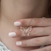 925 Ayar  Gümüş Rose Bahar Kelebeği Kadın Gümüş Kolye thumbnail 3