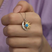 925 Ayar Gümüş Opal Mavi Taşlı Ay Güneş Kadın Kolye thumbnail 1