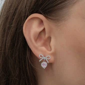 Gümüş Fiyonk Pembe Taşlı Kalpli Çivili Kadın Küpe thumbnail 5