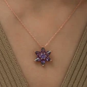 925 Ayar  Gümüş Rose Mor Çiçek Kolye - 2