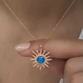 ​925 Ayar Gümüş Rose Mavi Opal Taşlı Güneş Kadın Kolye thumbnail 4