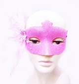 Parti Aksesuar Sim İşlemeli İnci Boncuk Detaylı Tüylü Balo Maskesi Pembe Renk 13x18 cm thumbnail 2