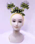 Parti Happy Birthday Püsküllü Neon Sarı Renk Doğum Günü Tacı 22x19 cm thumbnail 2