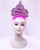 Parti Happy Birthday Neon Pembe Renk Doğum Günü Tacı 24x15 cm thumbnail 2