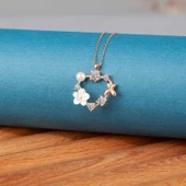 925 Ayar Gümüş Rose Kalp Manolya Çiçeği Kelebek Kadın Kolye thumbnail 1