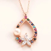 925 Ayar Gümüş Rose Renkli Taşlı Çiçekli Kadın Kolye thumbnail 1