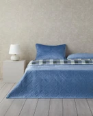 English Home Ornate Check Çift Taraflı Kadife Çift Kişilik Yatak Örtüsü Takımı 200x220 cm Koyu Mavi thumbnail 1