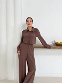 Gömlek yaka kaplama düğmeli takım kahve st265866 - 5