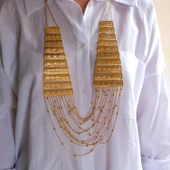 Altın Kaplama Sıralı Çiçek Desenli Akıtma Gerdanlık Kolye KLY-658 thumbnail 1