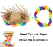 Hawaii Tarzı Tropikal Çiçekli Hasır Şapka ve Çiçekli Hawaii Kolye - 1