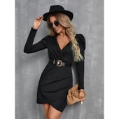 Lucky Life Kadın Uzun Kollu Kruvaze Yaka Kol Detaylı Ithal Krep Mini Elbise - 1