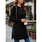 Lucky Life Kadın Uzun Kollu Bisiklet Yaka Iki Yandan Yırtmaç Detay Triko Bluz - 1