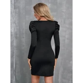 Lucky Life Kadın Uzun Kollu Kruvaze Yaka Kol Detaylı Ithal Krep Mini Elbise - 3