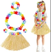Yetişkin Çocuk Hawaii Parti Seti - 40 cm Naturel Etek + Çiçek Aksesuarlar (5 Parça) thumbnail 1