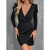 Lucky Life Kadın Uzun Kollu Kruvaze Yaka Kol Detaylı Ithal Krep Mini Elbise - 2