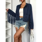 Lucky Life Kadın Uzun Kollu Yakalı Kısa Püsküllü Süet Ceket - 4