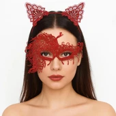 Alevin Zarafeti Kırmızı Dantel Maske ve Taç Seti 4 No – Kadın Kostüm Tamamlayıcı thumbnail 1