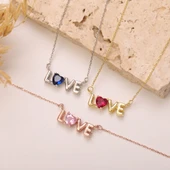 925 Ayar Gümüş Love Yazılı Renkli Kalp Taşlı Kolye thumbnail 3