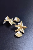 Küpe, Kararmayan Paslanmaz Çelik, Deniz Yıldızı ve İnci Detaylı, Altın Renk, Model638 thumbnail 5