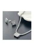 Zirkon Taşlı, Baget Model, Küpe Ve Kolye, Paslanmaz Çelik Set 37, Gümüş Renk - 3