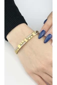 Kelepçe Bileklik, Zirkon Taşlı, Kararmayan Paslanmaz, Roma Rakamı Detaylı, Altın Renk, Model21 thumbnail 1