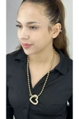 Kolye, Zirkon Taşlı, Kararmayan Paslanmaz Çelik, Kalp Detaylı, Top Zincir, Altın Renk, Model230 thumbnail 1