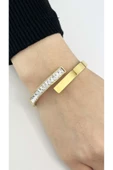 Kelepçe Bileklik, Zirkon Taşlı, Kararmayan Paslanmaz Çelik, Altın Renk, Model129 thumbnail 2