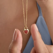 14 Ayar Mikron Altın Kaplama Renkli Mine Kalp Kolye – Turkuaz, Kırmızı, Opal -CNE00139 thumbnail 2