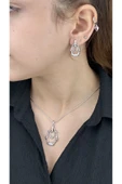 Zirkon Taşlı, Küpe Ve Kolye, Platinyum Kaplama Çelik Set 45, Gümüş Renk - 2