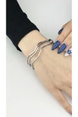 Ajda Bilezik, 3 adet, Kare Zik Zak form, Paslanmaz Charm Taşıyıcı Bileklik 160, Çap 65Mm, Gümüş Renk - 1