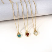 14 Ayar Mikron Altın Kaplama Renkli Mine Kalp Kolye – Turkuaz, Kırmızı, Opal -CNE00139 thumbnail 1