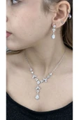 Zirkon Taşlı, Rodyum Kaplama Kolye Küpe Seti 51, Gümüş Renk - 3